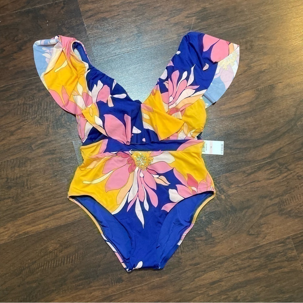 TRINA TURK ruffle shoulder floral one piece swimsuit “breeze ruffle” 14 nwt - Picture 8 of 12